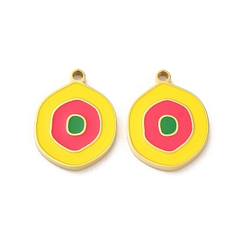 304 Stainless Steel Pendants,  with Enamel, Flat Round Charm, Real 14K Gold Plated, Yellow, 17x13x1.4mm, Hole: 1.4mm