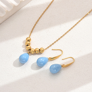 Real 18K Gold Plated Fashionable Imitation Pearls Teardrop Necklace & Earrings Set, Stainless Steel Jewelry Set for Women, Light Sky Blue