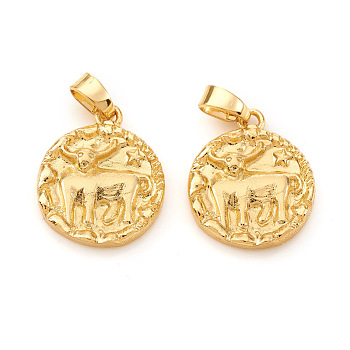 Brass Pendants, Textured, Flat Round with Constellation/Zodiac Sign, Real 18K Gold Plated, Taurus, 16.5x14x2mm, Hole: 5x2.5mm