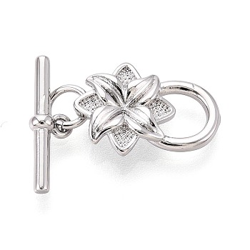 10Pcs Brass Toggle Clasps, Flower, Real Platinum Plated, 15mm, Hole: 0.5mm