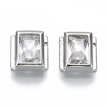Brass Clear Cubic Zirconia Charms, Cadmium Free & Nickel Free & Lead Free, Rectangle, Real Platinum Plated, 7.5x7x3mm, Hole: 0.5mm