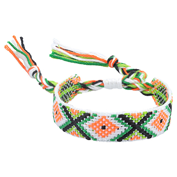 Polyester-cotton Braided Rhombus Pattern Cord Bracelet, Ethnic Tribal Adjustable Brazilian Bracelet for Women, Yellow Green, 5-7/8~11 inch(15~28cm)