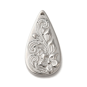 304 Stainless Steel Pendants, Teardrop Charms with Flower, Stainless Steel Color, 30x16x3mm, Hole: 1.5mm