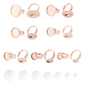 14Pcs Flat Round Adjustable 304 Stainless Steel Finger Rings Components, with 14Pcs Transparent Glass Cabochons, for DIY Ring Making, Light Gold, 7.5~8x3mm, 2pcs/style