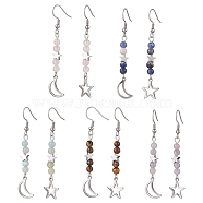 Natural Mixed Stone Dangle Earring, Moon & Star 304 Stainless Steel Earring for Women, Mixed Color, 56~62x12~12.5mm(EJEW-JE05934)