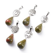 Yoga Chakra Jewelry, Natural Unakite Pendants, with Platinum Plated Brass Findings, Teardrop & Votex/Om Symbol/Tree of Life/Flower of Life/Star of David, 42~45mm, Hole: 8x5mm(G-P441-B08)