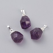 Natural Amethyst Pendants, with Brass Bails, Faceted, Teardrop, Silver Color Plated, 19~21x12~14x11~15mm, Hole: 5x3mm(G-G845-07S-05A)