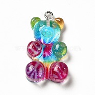 Translucent Resin Pendants, Glitter Bear Charms, with Platinum Tone Iron Loops, Colorful, 32x19x8.5mm, Hole: 2mm(X1-CRES-K010-01B)