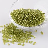8/0 Glass Seed Beads, Silver Lined Round Hole, Round, Yellow Green, 3mm, Hole: 1mm, about 1097pcs/50g(X-SEED-A005-3mm-24)
