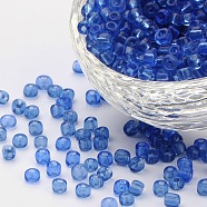 (Repacking Service Available) Glass Seed Beads, Transparent, Round, LiGoht Blue, 6/0, 4mm, Hole: 1.5mm, about 12G/bag(SEED-C013-4mm-6)