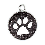 Enamel Charms, with Platinum Plated Alloy Findings and Glitter Powder, Flat Round with Dog Paw Prints, Black, 23x19x2.1mm, Hole: 2.1mm(ENAM-CJC0001-02F)