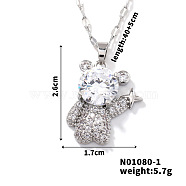 Brass Clear Cubic Zirconia Shiny 3D Bear Pendant Necklaces, Platinum, 15.75 inch(40cm)(PZ7531-1)