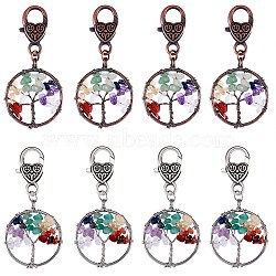 Natural/Synthetic Mixed Stone Pendant Decoration Sets, Flat Round with Tree of Life, with Heart Lobster Claw Clasps, Mixed Color, 60mm, 8pcs/set(HJEW-SW00005)