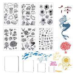Globleland PVC Plastic Stamps, for DIY Scrapbooking, Photo Album Decorative, Cards Making, Stamp Sheets, with Acrylic Stamping Blocks Tools & Chassis, Mixed Patterns, 16x11x0.3cm, 6styles, 1sheet/style, 6sheets/set(DIY-GL0001-38)