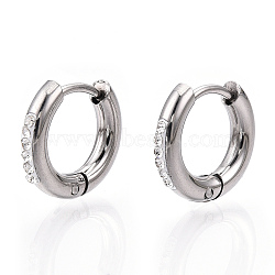 201 Stainless Steel Huggie Hoop Earrings, with 304 Stainless Steel Pins and Crystal Rhinestone, Ring, Stainless Steel Color, 15x2.5mm, Pin: 1mm(STAS-S079-162B)