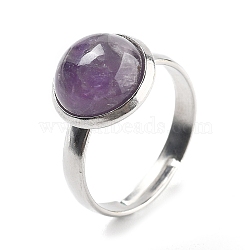 Half Round Natural Amethyst Finger Rings, 304 Stainless Steel Adjustable Rings for Women, Round Cabochons: 10mm, US Size 6(16.5mm), 3mm(RJEW-M062-01P-31)