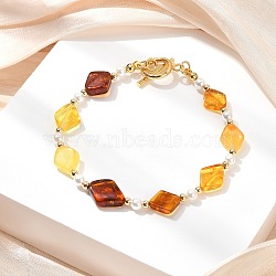 Women's Amber Bracelets, Stretch Bracelets, Rhombus, Real 14K Gold Plated, Mixed Color, 7.72 inch(19.6cm)(BJEW-JB13695)