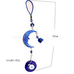 Alloy Enamel Moon Pendant Decorations, Lampwork Flat Round with Evil Eye and Bell Car Hanging Decoration, Blue, 340mm(PW-WG74627-01)