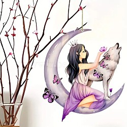 Moon with Wolf & Girl Acrylic Hanging Ornaments, for Car Rear View Mirror Decoration, Dark Violet, Pendant: 80mm(PW-WGE0FEB-01)