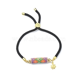 Handmade Seed Column Link Slider Bracelet with Sun Charms, Nylon Twisted Cord Adjustable Bracelet for Women, Colorful, 9-1/2 inch(24cm)(BJEW-MZ00027)