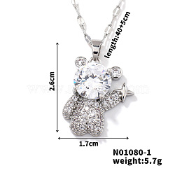 Brass Clear Cubic Zirconia Shiny 3D Bear Pendant Necklaces, Platinum, 15.75 inch(40cm)(PZ7531-1)