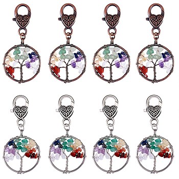 Natural/Synthetic Mixed Stone Pendant Decoration Sets, Flat Round with Tree of Life, with Heart Lobster Claw Clasps, Mixed Color, 60mm, 8pcs/set