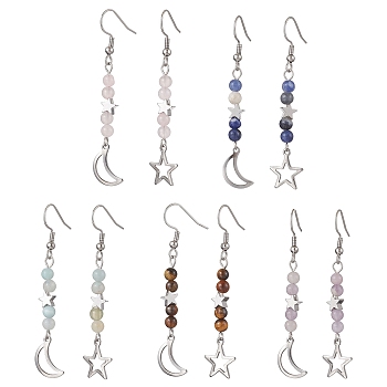 Natural Mixed Stone Dangle Earring, Moon & Star 304 Stainless Steel Earring for Women, Mixed Color, 56~62x12~12.5mm