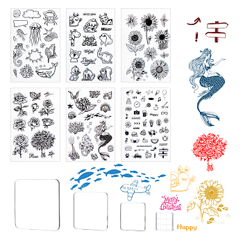 Globleland PVC Plastic Stamps, for DIY Scrapbooking, Photo Album Decorative, Cards Making, Stamp Sheets, with Acrylic Stamping Blocks Tools & Chassis, Mixed Patterns, 16x11x0.3cm, 6styles, 1sheet/style, 6sheets/set