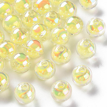 Transparent Acrylic Beads, Bead in Bead, AB Color, Round, Yellow, 9.5x9mm, Hole: 2mm, about 960pcs/500g