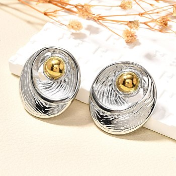 304 Stainless Steel Two Tone Stud Earrings, Golden & Stainless Steel Color, Oval, 31.5x29mm