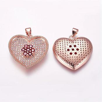 Brass Micro Pave Cubic Zirconia Pendants, Heart, Rose Gold, 22x24x4.5mm, Hole: 3.5x4mm