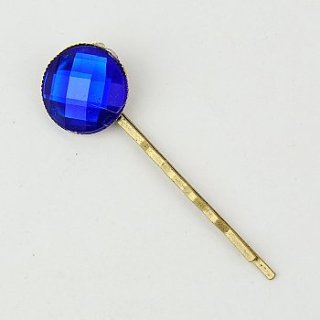 Iron Hair Bobby Pins, with Acrylic Rhinestone Cabochons, Blue, 63mm