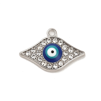 Alloy Enamel Pendants, with Rhinestone, Long-Lasting Plated, Evil Eye Charm, Platinum, 14x21x3.5mm, Hole: 1.5mm