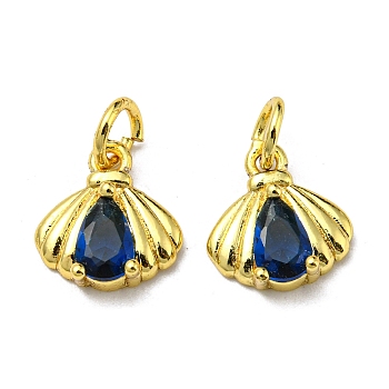 Real 18K Gold Plated Brass Pendants, with Glass and Jump Ring, Shell Shape Charms, Dark Blue, 11x10x3.5mm, Hole: 3mm
