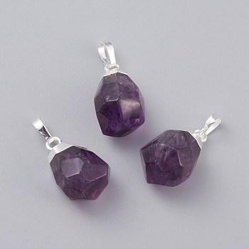 Natural Amethyst Pendants, with Brass Bails, Faceted, Teardrop, Silver Color Plated, 19~21x12~14x11~15mm, Hole: 5x3mm