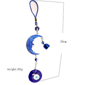 Alloy Enamel Moon Pendant Decorations, Lampwork Flat Round with Evil Eye and Bell Car Hanging Decoration, Blue, 340mm