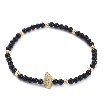 Stretch Bracelets, with Natural Black Agate(Dyed) Beads, Brass Round Beads, Brass Micro Pave Grade AAA Cubic Zirconia Beads and Elastic Crystal Thread, Conch Shell Shape, with Cardboard Box, 2-3/8 inch(6cm)