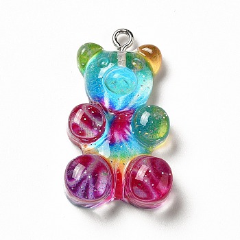 Translucent Resin Pendants, Glitter Bear Charms, with Platinum Tone Iron Loops, Colorful, 32x19x8.5mm, Hole: 2mm