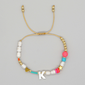 Initial Letter Natural Pearl Braided Bead Bracelet, Adjustable Bracelet, Letter K, 11 inch(28cm)