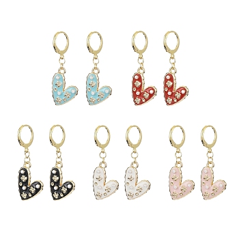 Alloy Enamel Heart Dangle Leverback Earrings, with Imitation Pearl Beaded, Mixed Color, 40x15mm