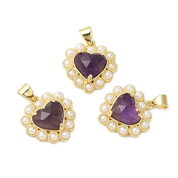 Natural Amethyst Pendants, Faceted Heart Charms, with Ion Plating(IP) Brass Findings and Plastic Beads, Real 14K Gold Plated, 18~18.5x17.5~18x5.5~6.8mm, Hole: 4.5x3.5mm