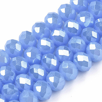 Electroplate Glass Beads Strands, Imitation Jade Beads, Pearl Luster Plated, Faceted, Rondelle, Cornflower Blue, 3.5x3mm, Hole: 0.4mm, about 113~115pcs/strand, 32~33cm