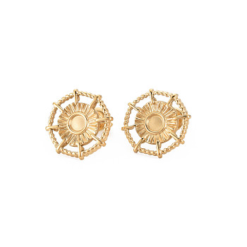 Ion Plating(IP) 304 Stainless Steel Stud Earring Findings, Earring Setting for Enamel, with Ear Nuts, Helm, Real 14K Gold Plated, 17x17mm, Pin: 0.7mm, Tray: 5mm