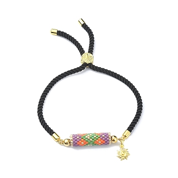 Handmade Seed Column Link Slider Bracelet with Sun Charms, Nylon Twisted Cord Adjustable Bracelet for Women, Colorful, 9-1/2 inch(24cm)
