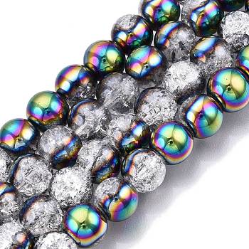 Electroplated Crackle Glass Beads Strands, Half Plated, Round, Colorful, 10~10.5mm, Hole: 1.2mm, about 41~42pcs/strand, 14.76~14.96 inch(37.5~38cm)