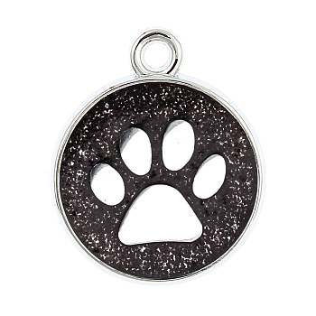 Enamel Charms, with Platinum Plated Alloy Findings and Glitter Powder, Flat Round with Dog Paw Prints, Black, 23x19x2.1mm, Hole: 2.1mm