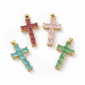 Brass Micro Pave Clear Cubic Zirconia Pendants, Cross, Religion, Mixed Color, 32.5x18x5.5mm, Hole: 3.5x5mm