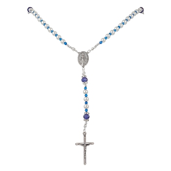 Acrylic & Glass Rosary Bead Necklaces, Cross & Virgin Mary Tibetan Style Alloy Pendant Necklace, Antique Silver, 24.09 inch(61.2cm)