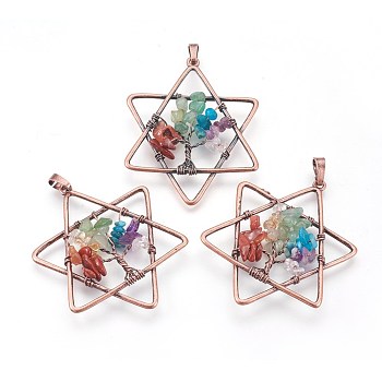 Natural & Synthetic Mixed Gemstone Chakra Big Pendants, with Brass Findings, for Jewish, Star of David, Red Copper, 52x43x6mm