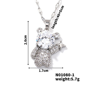 Brass Clear Cubic Zirconia Shiny 3D Bear Pendant Necklaces, Platinum, 15.75 inch(40cm)